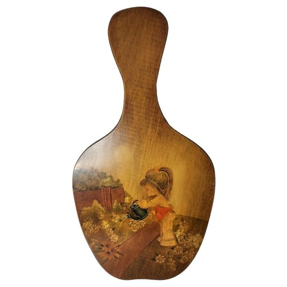 Vintage Lacquered Wood Girl Watering Flowers Chopping Board Wall Hanging Country - Picture 1 of 8